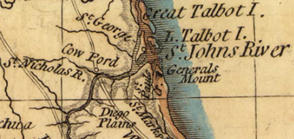 Northeast Florida showing Cow Ford (center) from Bernard Romans' 1776 map of Florida