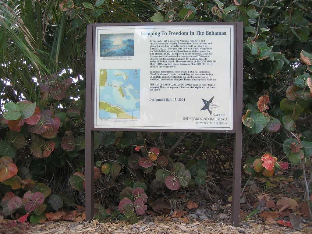 National Network to Freedom Trail sign commemorating hundreds of Black Seminoles who escaped from Cape Florida in the early 1820s to the Bahamas