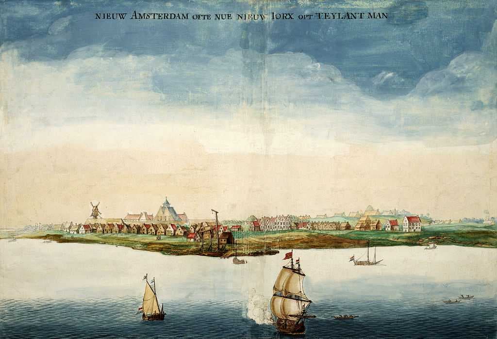 New Amsterdam, centered in the eventual Lower Manhattan, in 1664, the year England took control and renamed it New York.