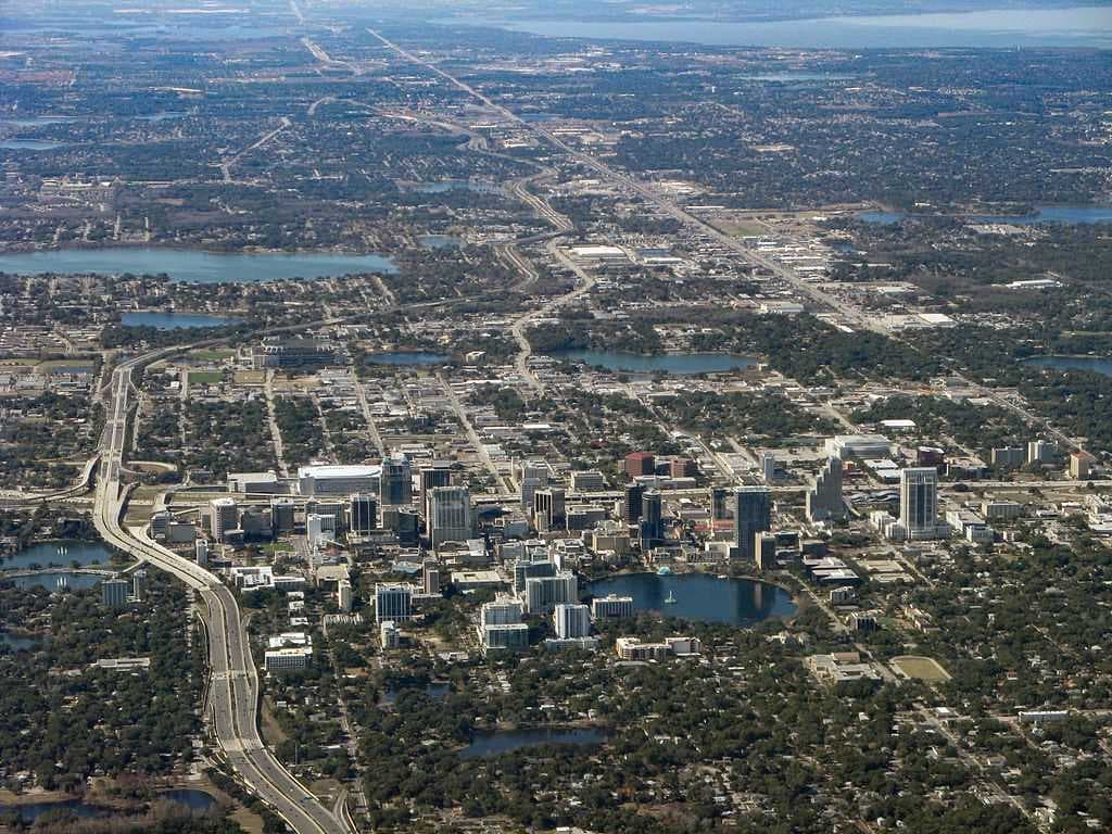 View of Downtown Orlando (center) and periphery to Lake Apopka (upper-right); January 2011