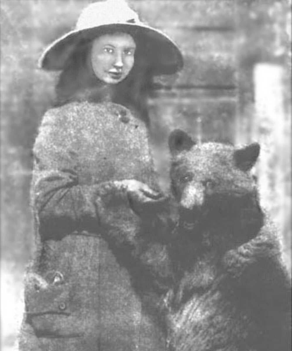Dr. Mary Winter Fisher, 1880s, with her pet bear, Pickles