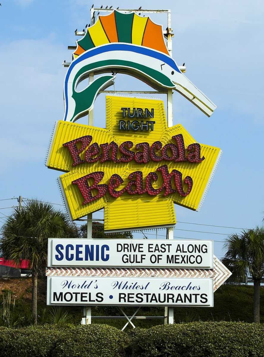 A Pensacola Beach sign welcomes drivers from Gulf Breeze Parkway to Pensacola Beach Road.