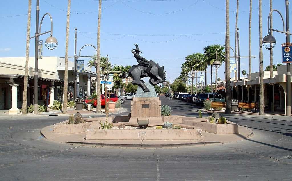 Scottsdale Arts District, adjacent to Old Town, showcasing Ed Mell's sculpture Jack Knife