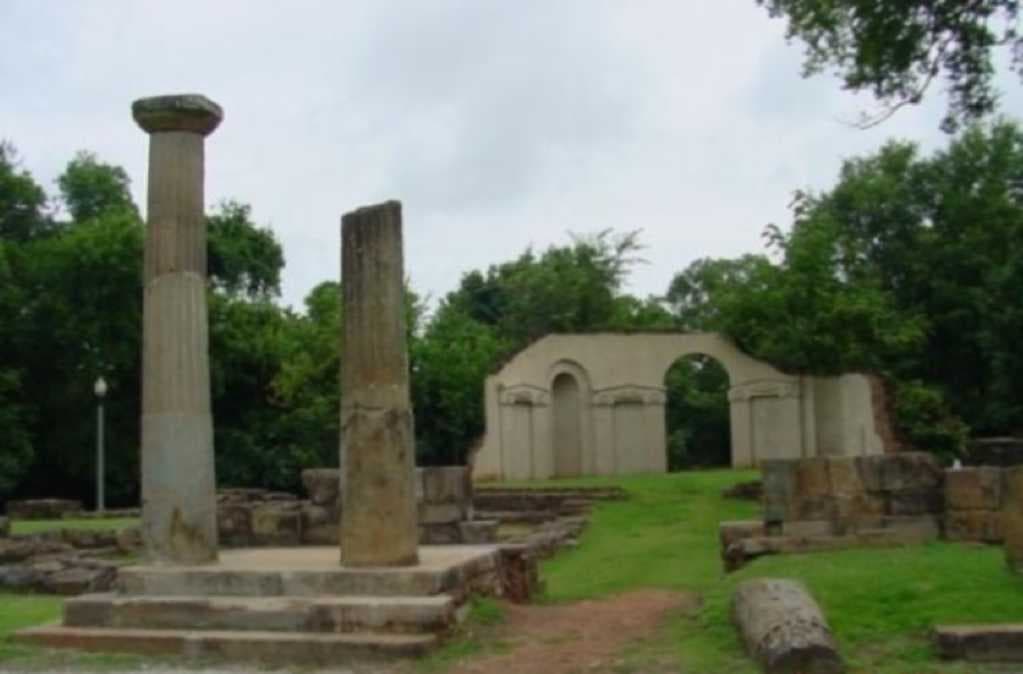 The ruins of the Alabama State Capitol in Tuscaloosa at Capitol Park. The building served as the home of a women's college until it burned down in 1923.