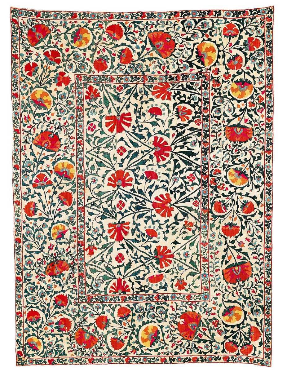 Shakhrisyabz suzani, first half of 19th century. Suzanis played a central role in the lives of the people of Uzbekistan. This suzani derives its particular appeal from its high proportion of light and brilliant colours: golden yellow, orange, ochre and light blue.